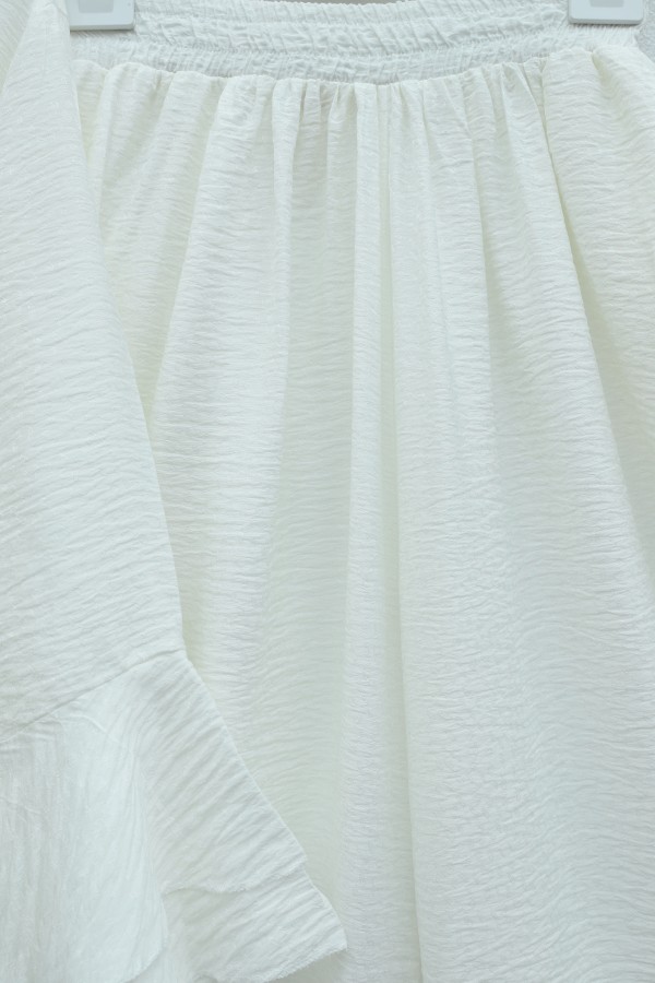 Jacquard Waffle Suit with Ruffled Cuffs and Wide Leg Trousers, and Belt. -White