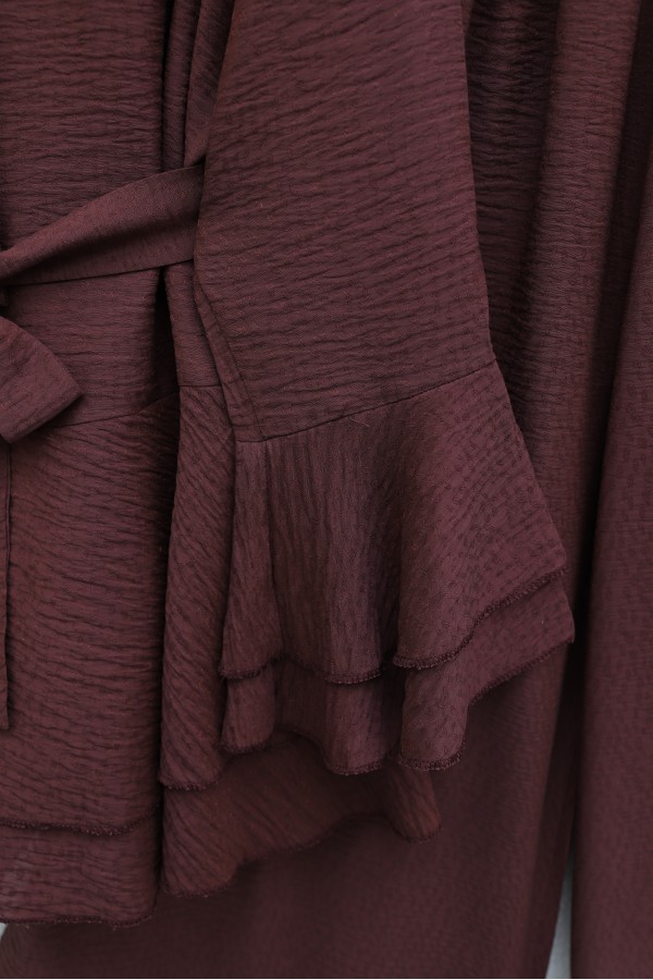 Jacquard Waffle Suit with Ruffled Cuffs and Wide Leg Trousers, and Belt. -Maroon