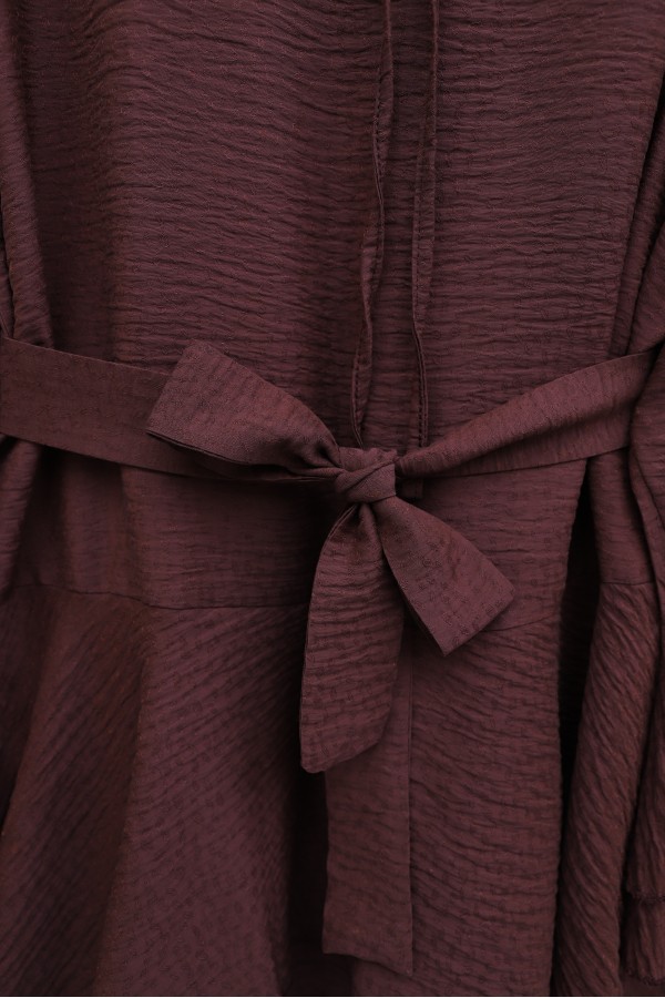 Jacquard Waffle Suit with Ruffled Cuffs and Wide Leg Trousers, and Belt. -Maroon