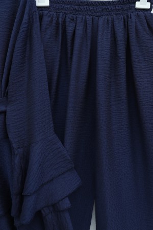 Kol Manşeti Volanlı Bol Paça Pantolonlu Kemerli Jakarlı Gofre Takım -Lacivert