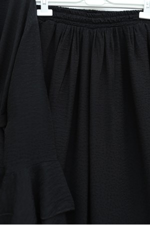 Kol Manşeti Volanlı Bol Paça Pantolonlu Kemerli Jakarlı Gofre Takım -Siyah