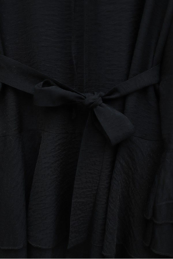Jacquard Waffle Suit with Ruffled Cuffs and Wide Leg Trousers, and Belt. -Black