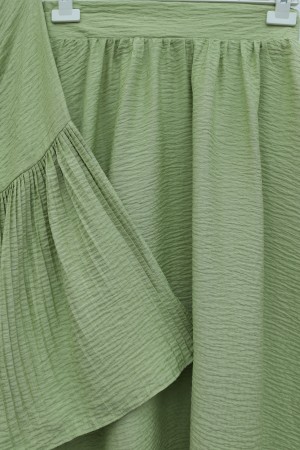 Pliseli Bağcıklı Etekli Jakarlı Gofre Takım -Fıstık Yeşili