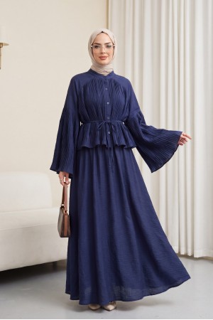 Pliseli Bağcıklı Etekli Jakarlı Gofre Takım -Lacivert