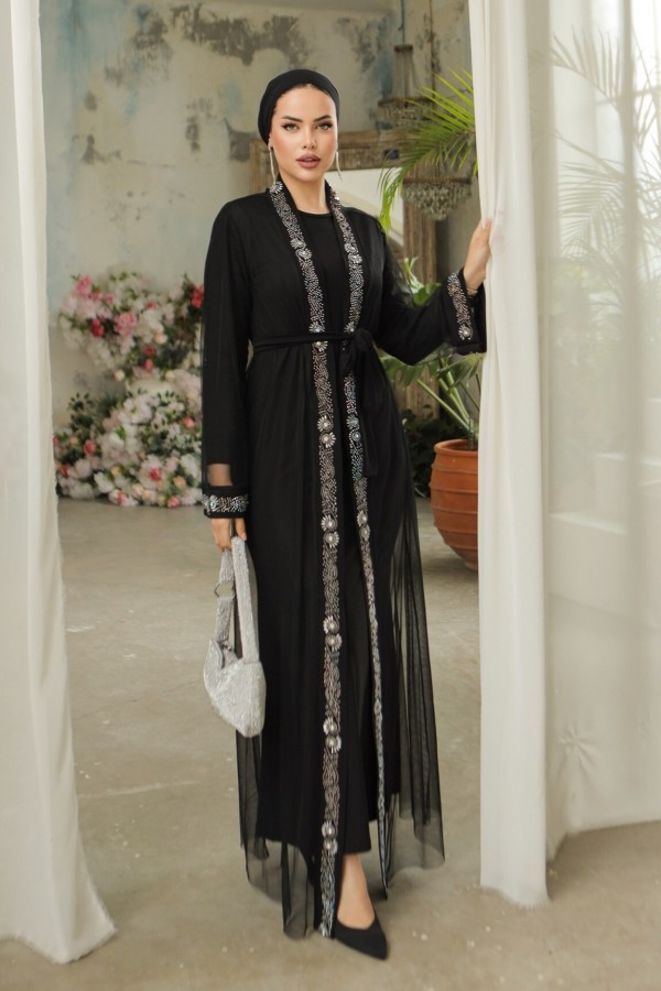 Manşetleri Taş İşlemeli Kemerli İkili Abaya Takım -Siyah
