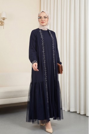 Önü Taş Ve İnci Detaylı Beli Bağcıklı İkili Abaya -Laci