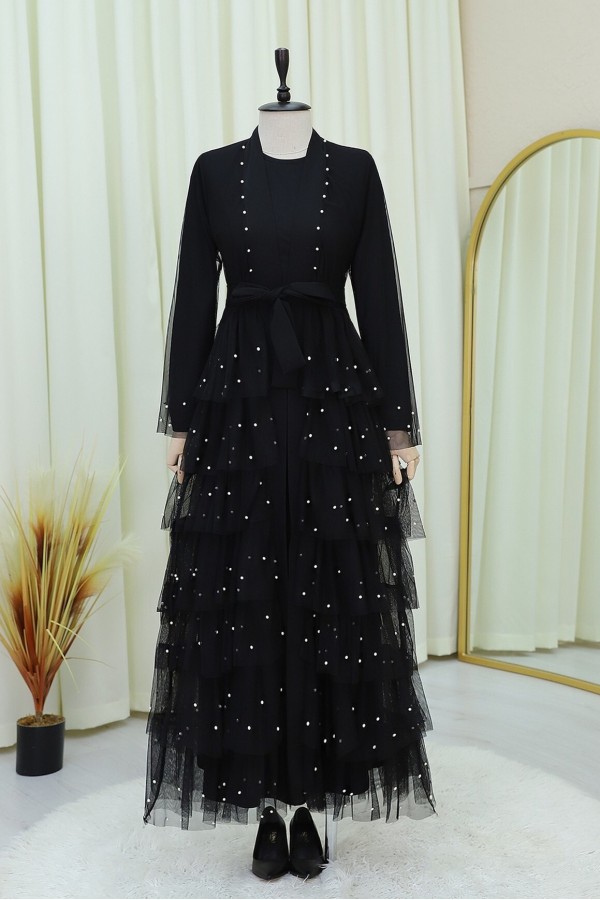 Tulle Abaya Set with Layered Skirt and Pearls -Black