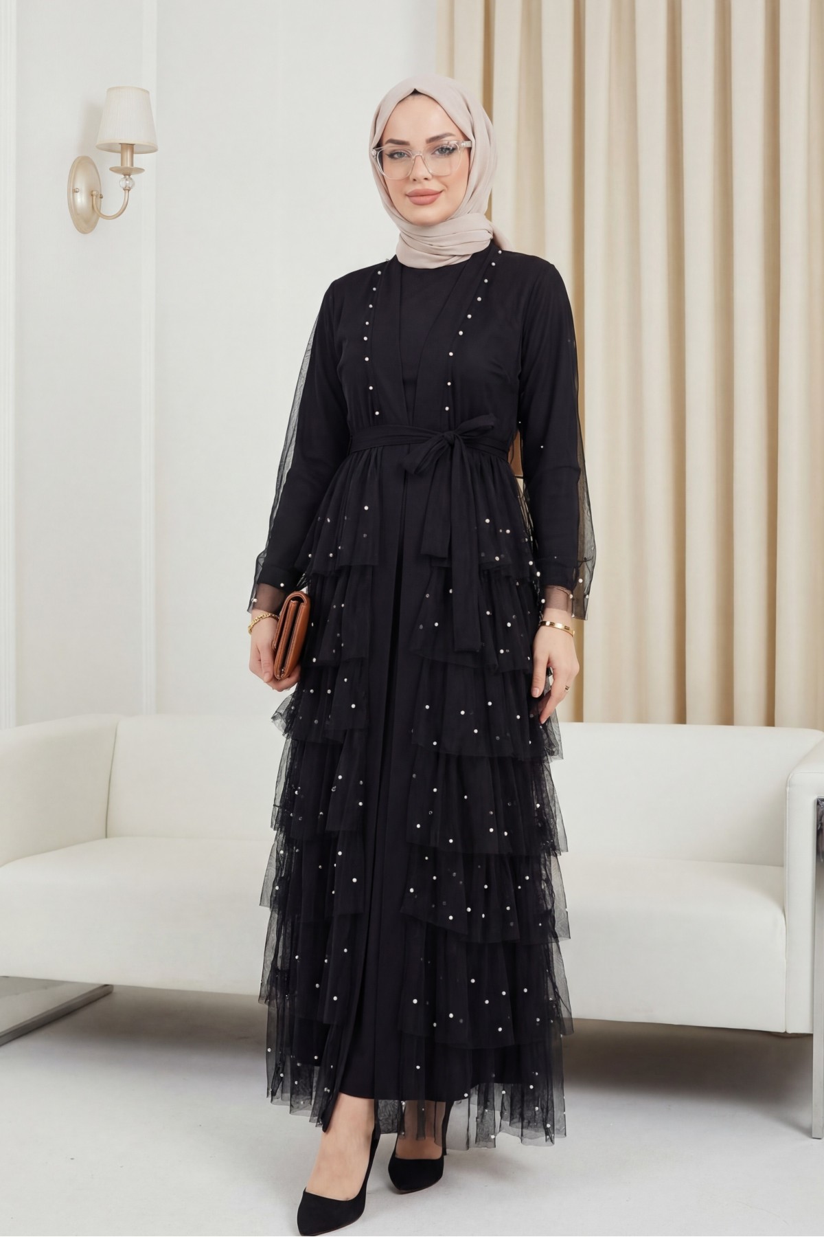 Tulle Abaya Set with Layered Skirt and Pearls -Black