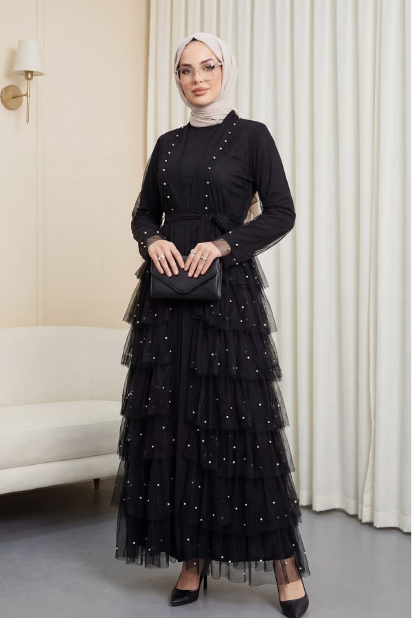 Tulle Abaya Set with Layered Skirt and Pearls -Black