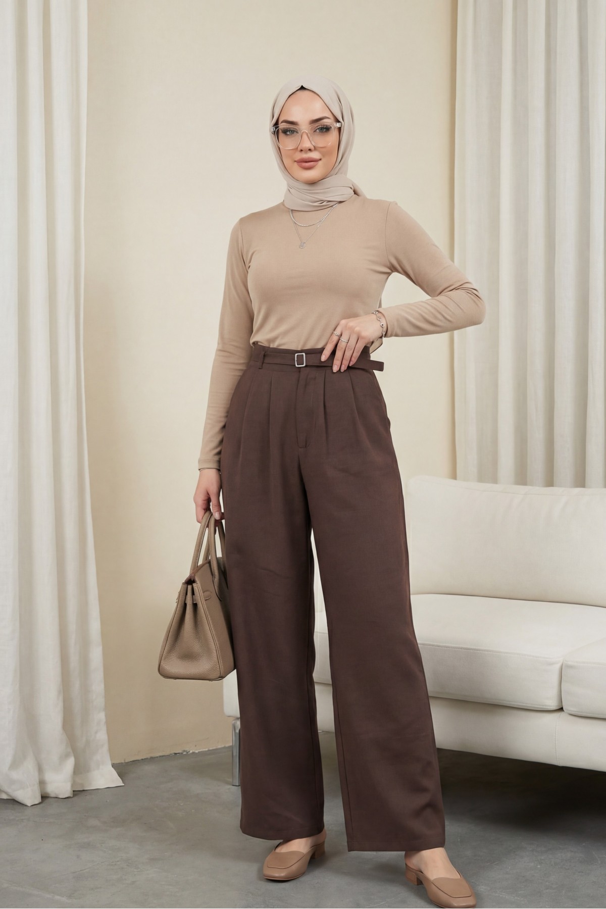 Elastic Waist Belt Detailed Tencel Cupra Trousers  -Brown