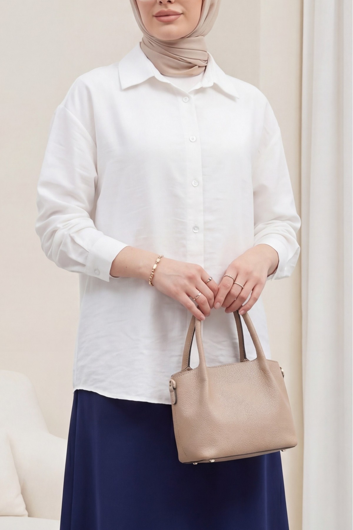 Oval Cut Tencel Cupra Shirt  -White