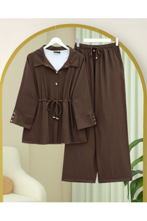 Tünel Bağcıklı Beli Lastikli Pantolonlu Pamuklu Krinkıl Takım -Kahve