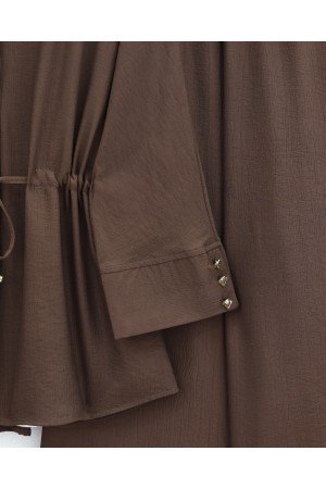 Tünel Bağcıklı Beli Lastikli Pantolonlu Pamuklu Krinkıl Takım -Kahve