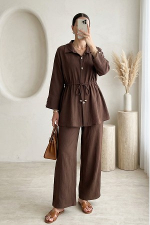 Tünel Bağcıklı Beli Lastikli Pantolonlu Pamuklu Krinkıl Takım -Kahve