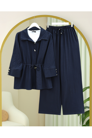 Tünel Bağcıklı Beli Lastikli Pantolonlu Pamuklu Krinkıl Takım -Laci