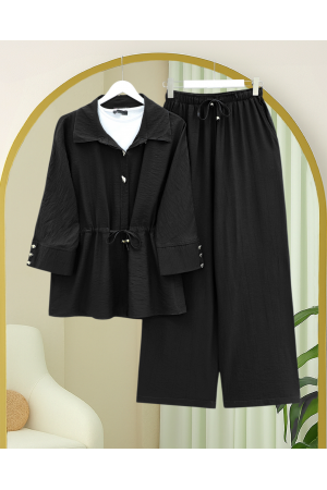 Tünel Bağcıklı Beli Lastikli Pantolonlu Pamuklu Krinkıl Takım -Siyah