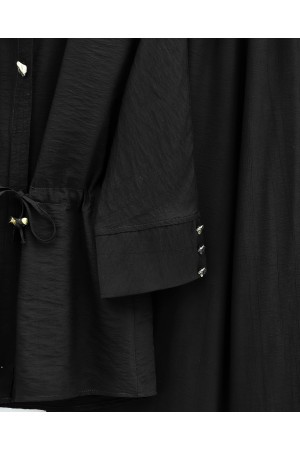 Tünel Bağcıklı Beli Lastikli Pantolonlu Pamuklu Krinkıl Takım -Siyah