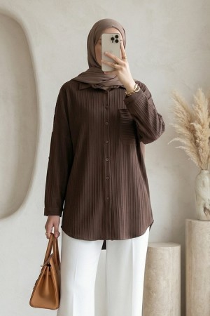 Tek Cepli Çizgi Desen Krinkıl Gömlek -Kahve