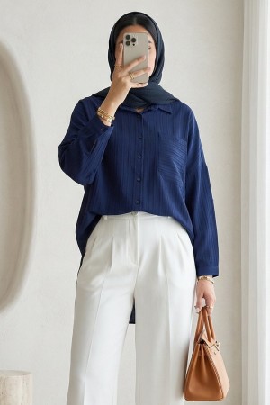 Tek Cepli Çizgi Desen Krinkıl Gömlek -Laci