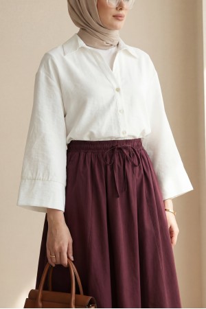 V Yaka Düğmeli Yarım Kol Modal Gömlek -Beyaz