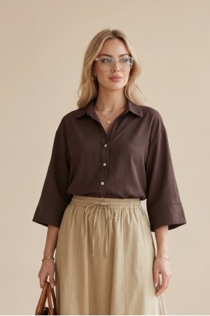 V Yaka Düğmeli Yarım Kol Modal Gömlek -K. Kahve