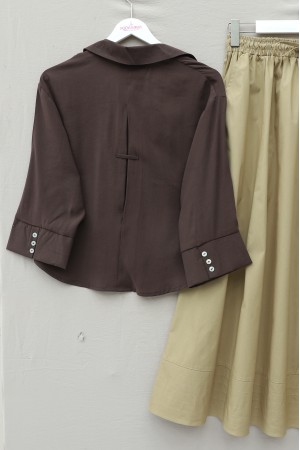 V Yaka Düğmeli Yarım Kol Modal Gömlek -K. Kahve