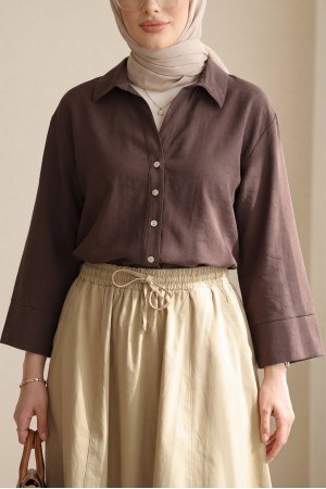 V Yaka Düğmeli Yarım Kol Modal Gömlek -K. Kahve