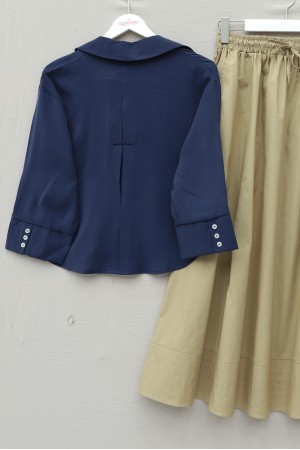 V Yaka Düğmeli Yarım Kol Modal Gömlek -Laci