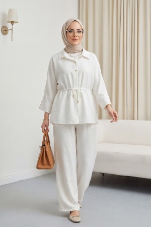 Tünel Bağcıklı Beli Lastikli Pantolonlu Pamuklu Krinkıl Takım  -Ekru