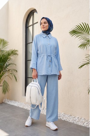Cotton crinkle set with tunnel drawstring and elasticated waist trousers.   -Baby Blue