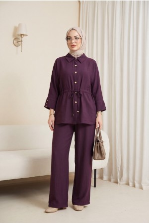 Cotton crinkle set with tunnel drawstring and elasticated waist trousers.   -Damson