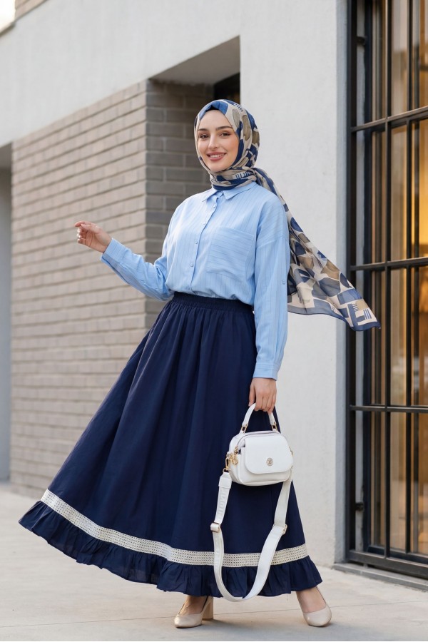 Tep Cepli Arkası Uzun Oversize Keten Gömlek -Bebe Mavi