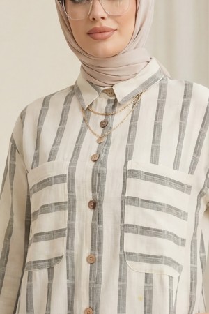 Eteği Püsküllü Gömlek -Bej