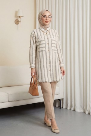 Eteği Püsküllü Gömlek -Bej