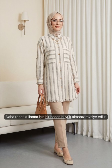 Eteği Püsküllü Gömlek -Bej