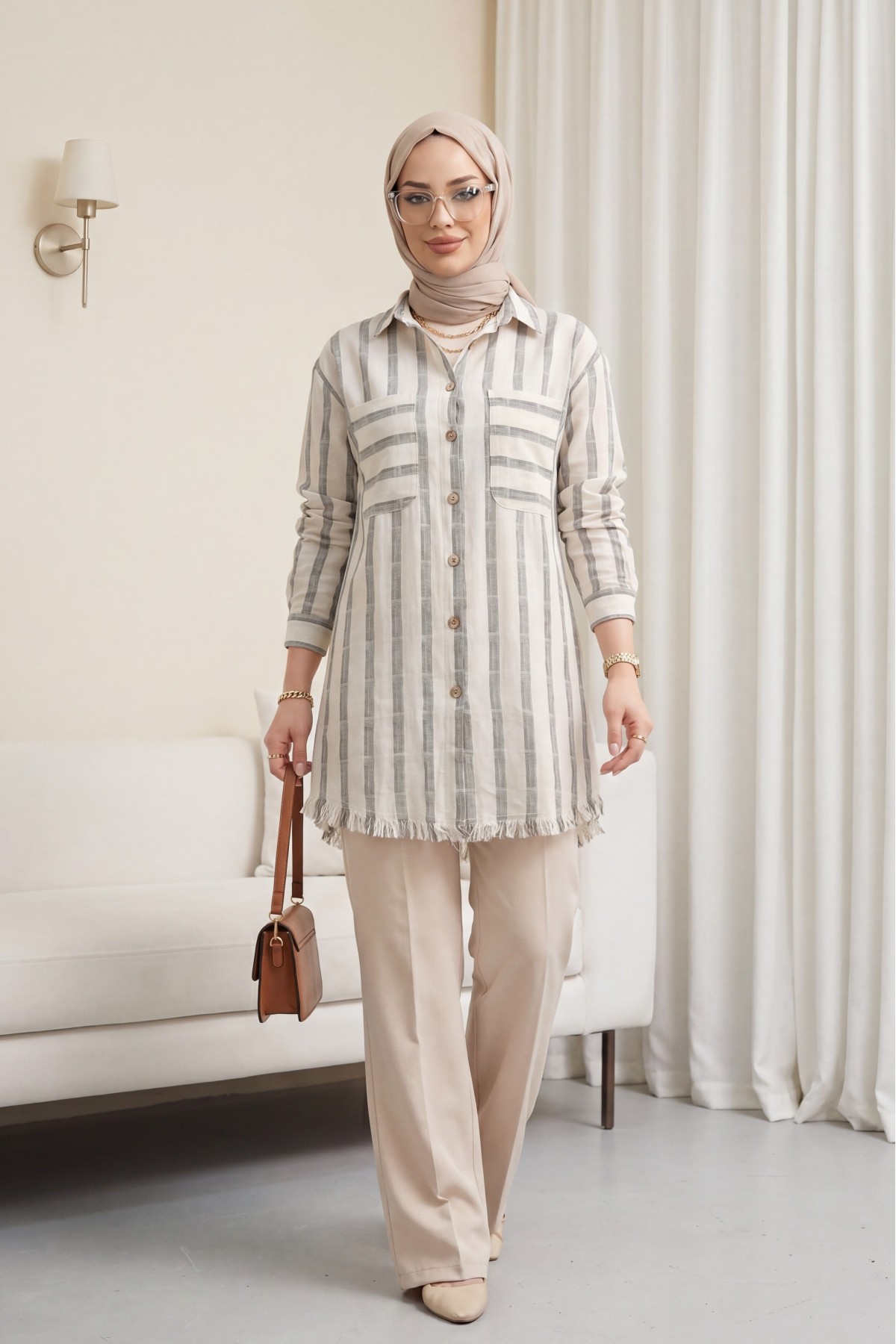 Skirt Tasseled Shirt - Beige