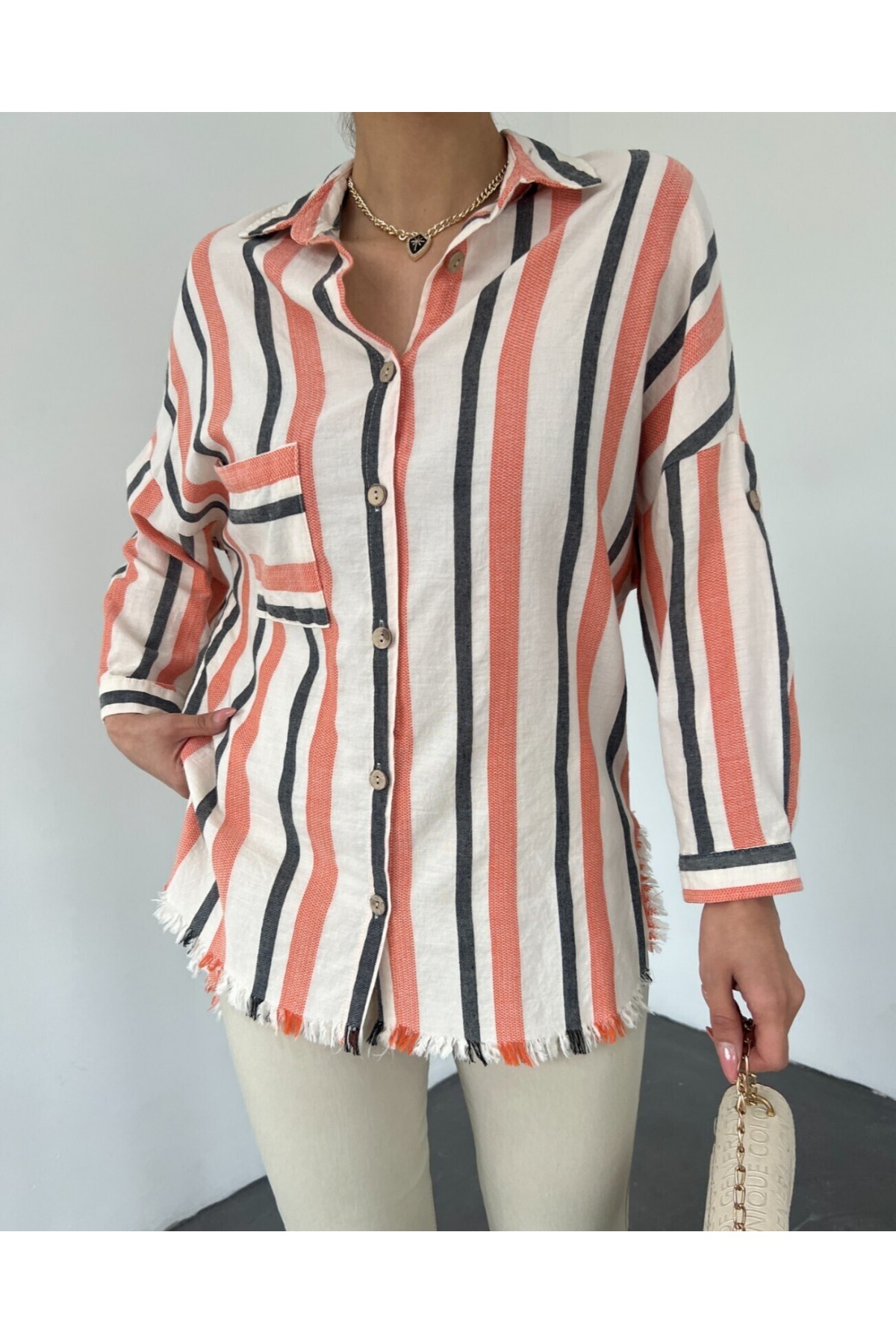 One Pocket Skirt Tasseled Oval Cut Tunic -Orange