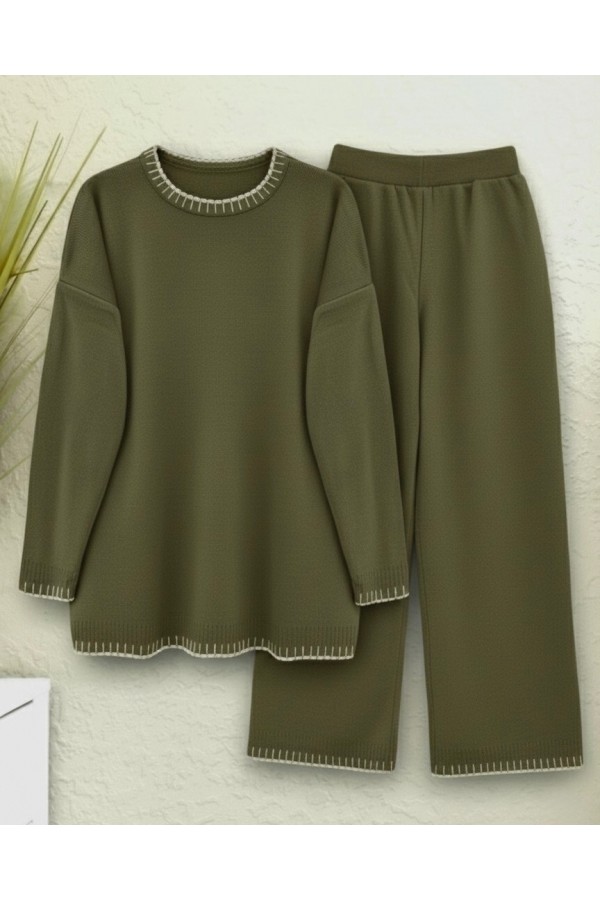 Round Neck Knitwear Set with Embroidery Details  -Khaki