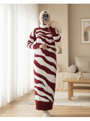 Yırtmaçlı Desenli Triko Elbise   -Bordo