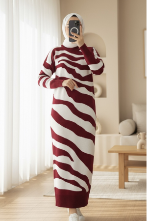 Yırtmaçlı Desenli Triko Elbise   -Bordo