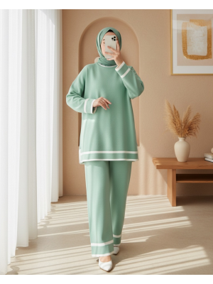 Manşetleri Şeritli İkili Triko Takım   -Su Yeşili