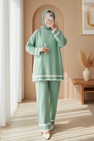 Manşetleri Şeritli İkili Triko Takım   -Su Yeşili