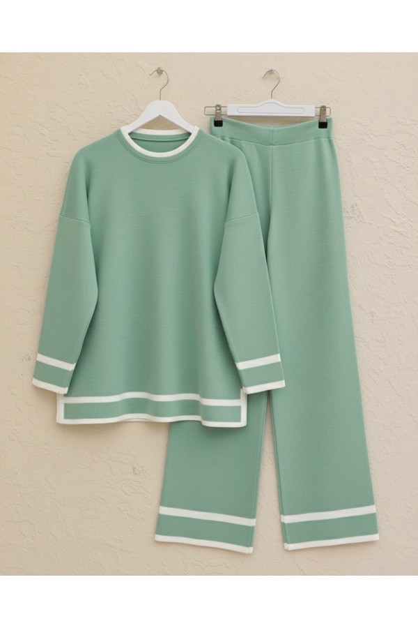 Double Knitwear Set with Striped Cuffs   -Sea green