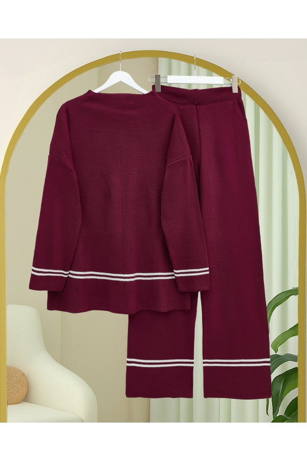 Striped Skirt and Sleeve Knitwear Suit -Maroon