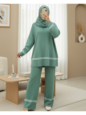 Eteği Ve Kolu Çizgili Triko Takım -Mint