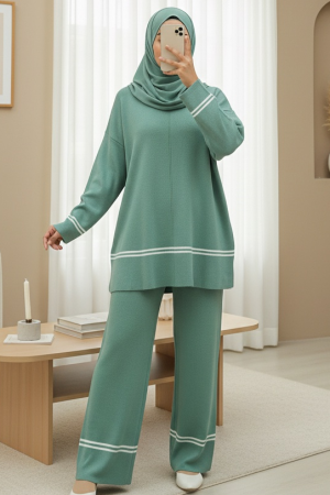 Eteği Ve Kolu Çizgili Triko Takım -Mint