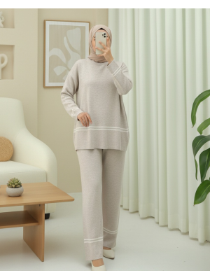 Eteği Ve Kolu Çizgili Triko Takım -Taş