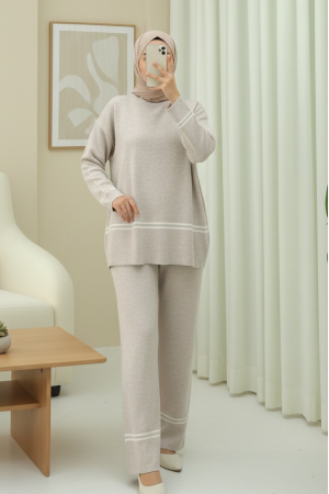 Eteği Ve Kolu Çizgili Triko Takım -Taş