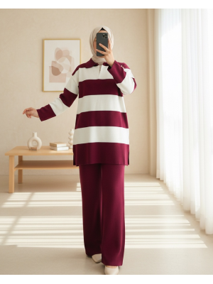 V Yaka Pantolonlu Triko Takım -Bordo