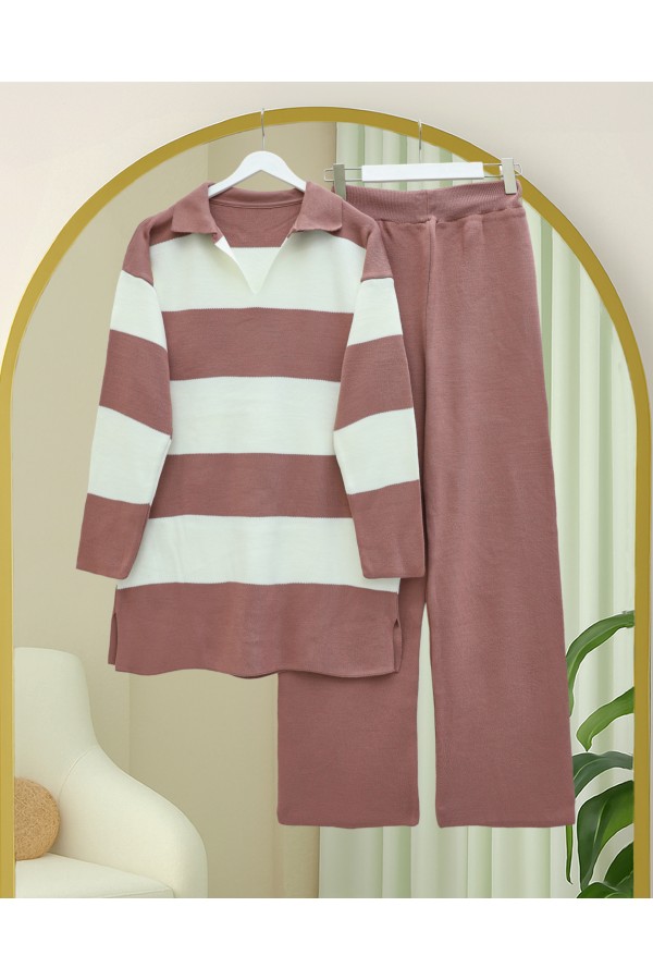V-Neck Knitwear Suit with Trousers -Dried rose